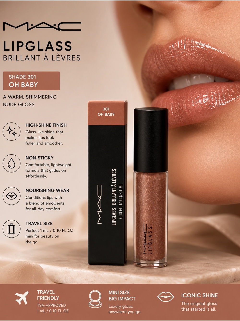 MAC Lipglass in Oh Baby 301 - 0.10 FL OZ / 3.1mL - New in Box